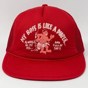 Vintage 80s Boss Is Like A Diaper Trucker Hat Baseball Cap Mesh Snapback Red